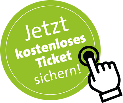 Grüne Grafik mit Text: Jetzt kostenloses Ticket sichern – inklusive klickender Hand als Symbol
