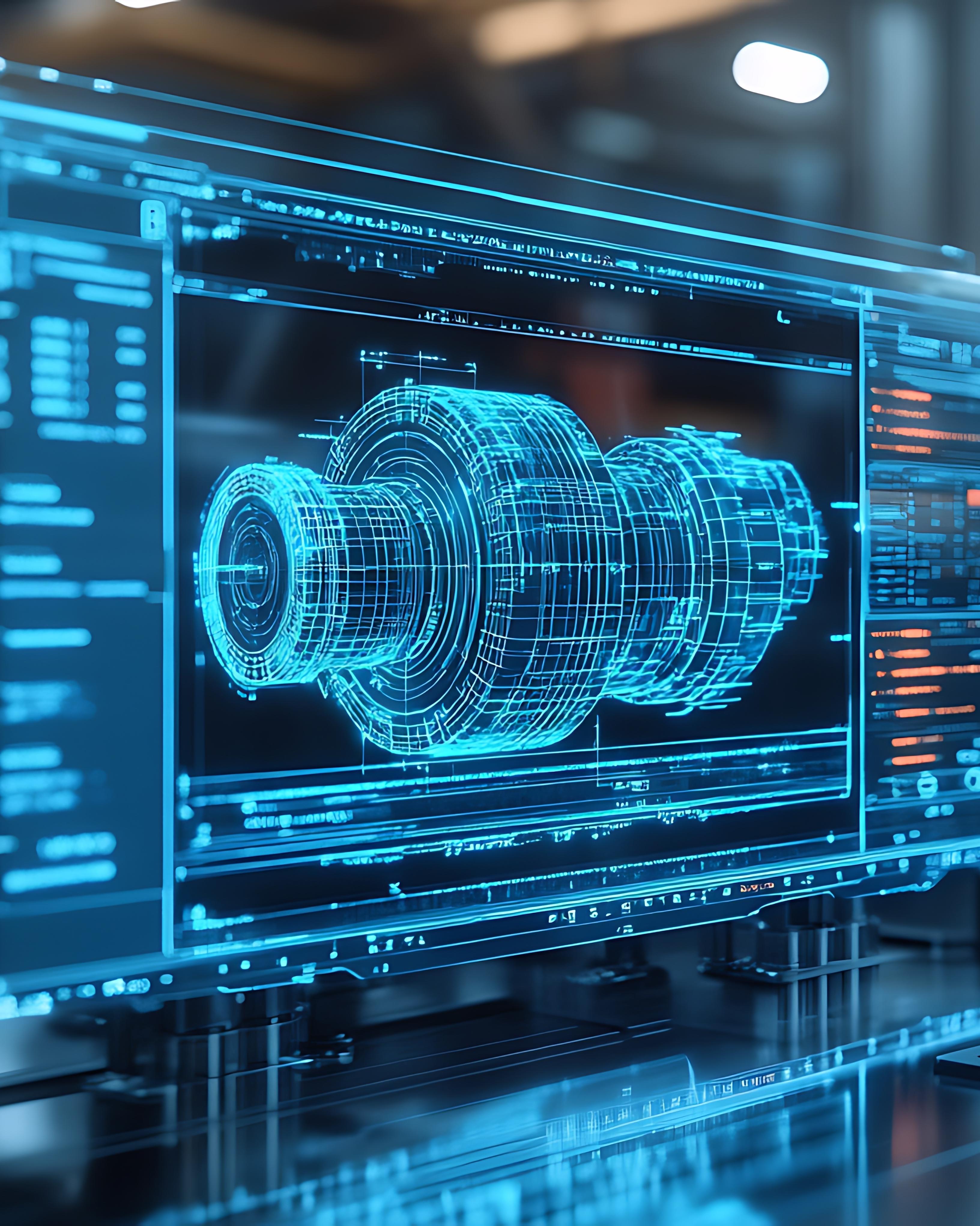 Transparente Anzeige mit CAD-Modell einer Welle in der Fertigung – Visualisierung zum Digitalen Zwilling (Projektaufbau in NRW).