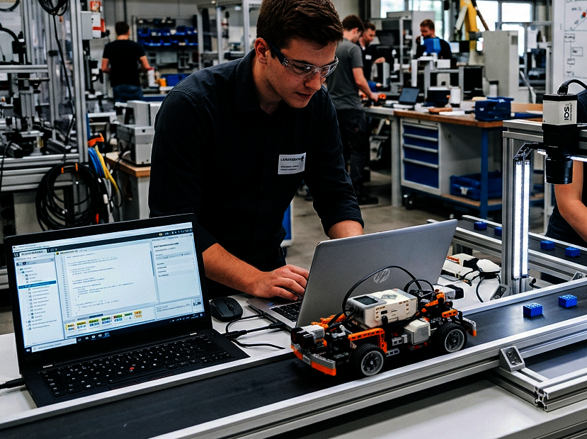 Teilnehmer programmieren ein individuelles Lego-Fahrzeug, richten eine kamerabasierte Bilderkennung auf das Produkt auf einem Förderband und nehmen Daten auf