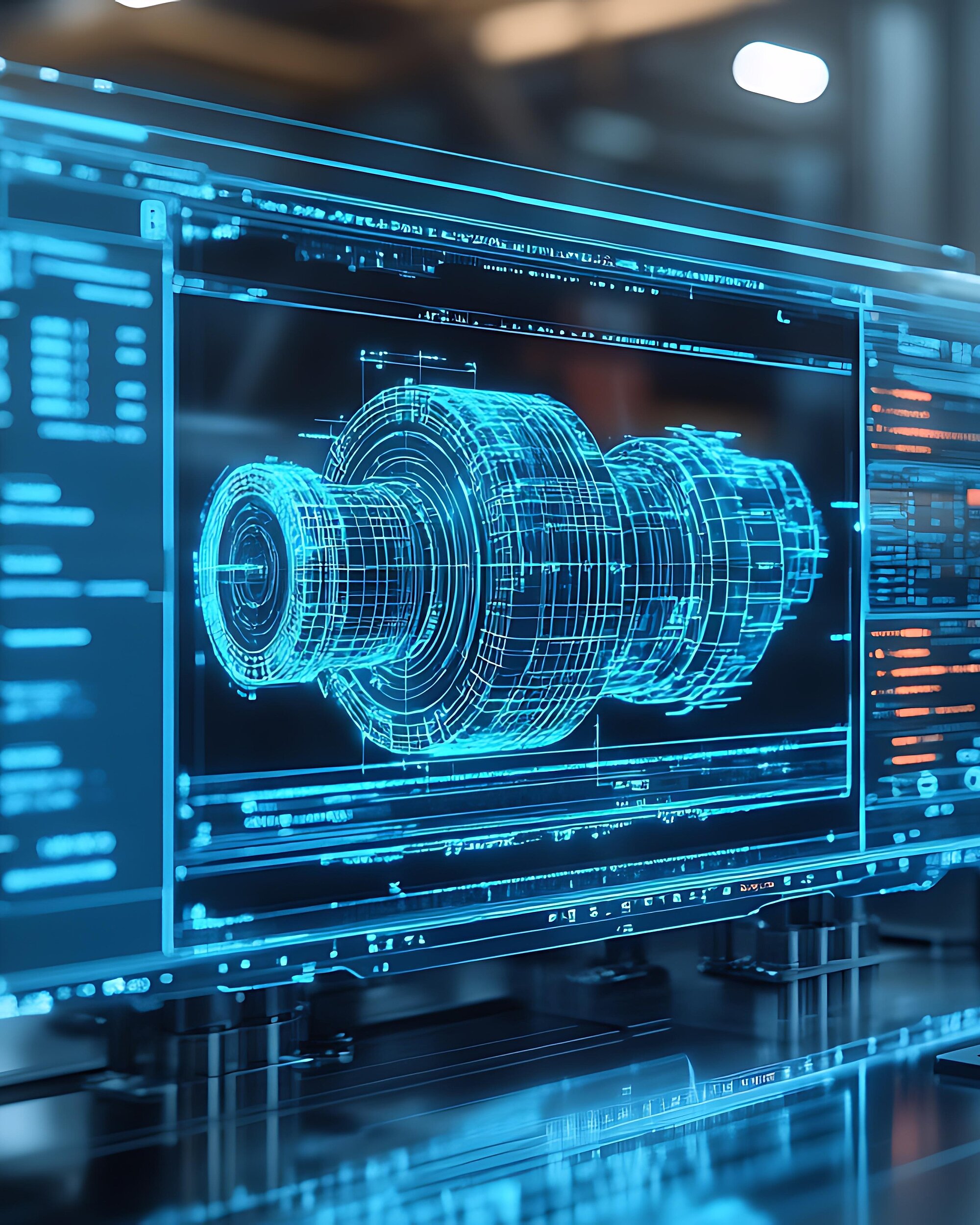 Transparente Anzeige mit CAD-Modell einer Welle in der Fertigung – Visualisierung zum Digitalen Zwilling (Projektaufbau in NRW).